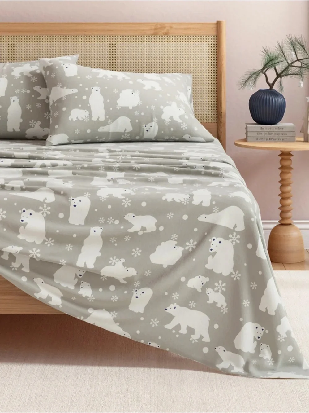 Heavyweight 100% Turkish Cotton Flannel Sheet Set Cali King Grey Polar Bear NWT